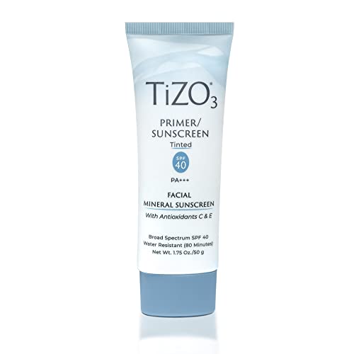 TiZO3 Facial Mineral Sunscreen and Primer, Tinted Broad Spectrum SPF 40 with Antioxidants Fragrance-Free, Oil-Free, PA+++ 1.75 oz