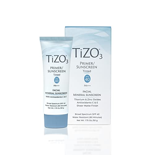 TiZO3 Facial Mineral Sunscreen and Primer, Tinted Broad Spectrum SPF 40 with Antioxidants Fragrance-Free, Oil-Free, PA+++ 1.75 oz